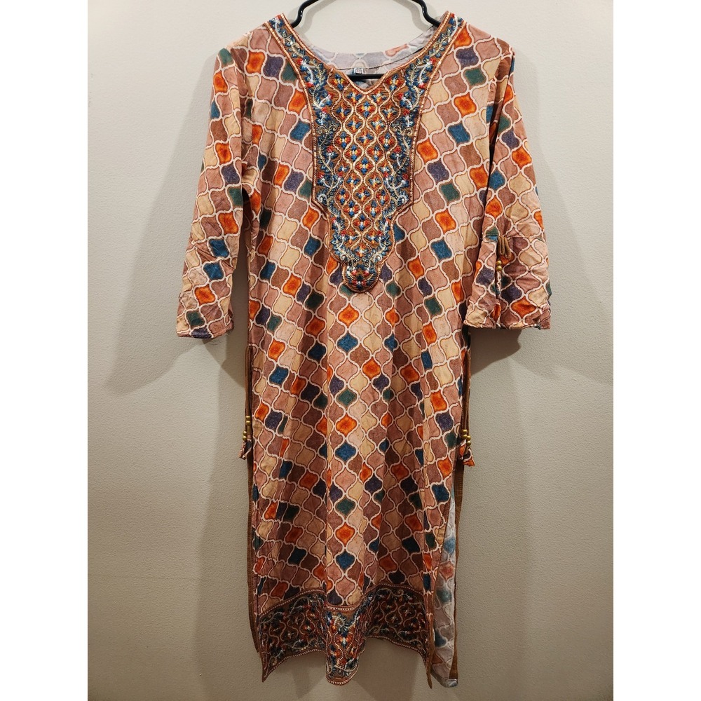 Embroidered Sequin Tunic Kurta Top Geometric Print Bell Sleeve Boho Size 40